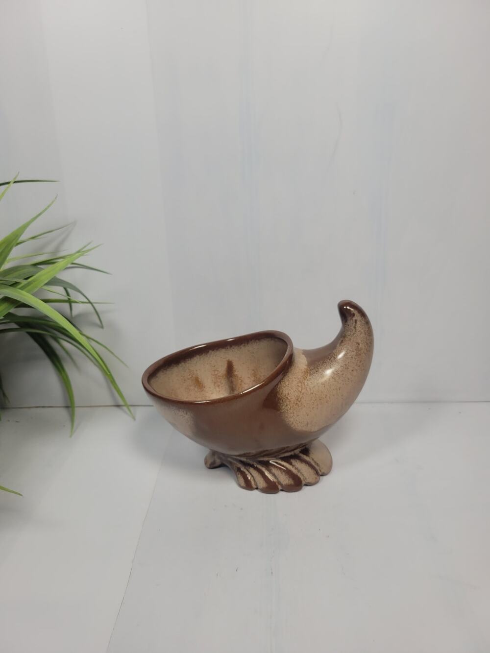 Vintage Frankoma Pottery Brown Cornucopia Planter 222 Horn of Plenty Autumn MCM